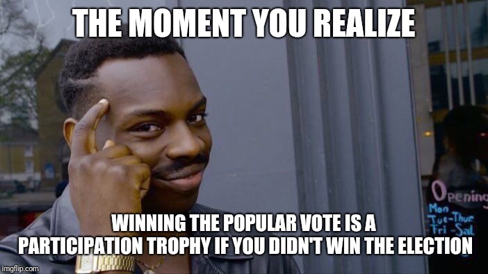 Roll Safe Think About It Meme | THE MOMENT YOU REALIZE WINNING THE POPULAR VOTE IS A PARTICIPATION TROPHY IF YOU DIDN'T WIN THE ELECTION | image tagged in memes,roll safe think about it | made w/ Imgflip meme maker