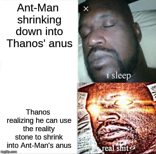 Please don't let this be the case... | Ant-Man shrinking down into Thanos' anus; Thanos realizing he can use the reality stone to shrink into Ant-Man's anus | image tagged in memes,sleeping shaq | made w/ Imgflip meme maker