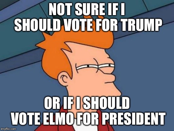 Futurama Fry Meme | NOT SURE IF I SHOULD VOTE FOR TRUMP; OR IF I SHOULD VOTE ELMO FOR PRESIDENT | image tagged in memes,futurama fry | made w/ Imgflip meme maker