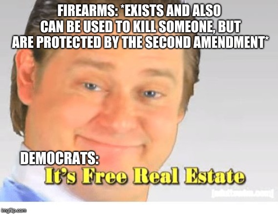 It's Free Real Estate | FIREARMS: *EXISTS AND ALSO CAN BE USED TO KILL SOMEONE, BUT ARE PROTECTED BY THE SECOND AMENDMENT*; DEMOCRATS: | image tagged in it's free real estate | made w/ Imgflip meme maker