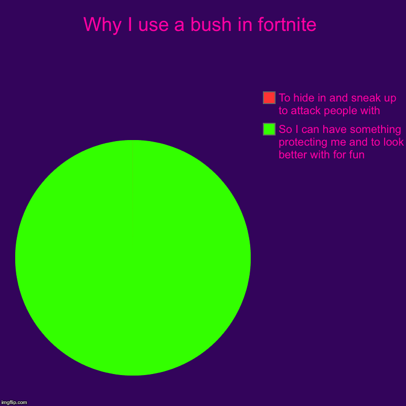 ._. | Why I use a bush in fortnite | So I can have something protecting me and to look better with for fun, To hide in and sneak up to attack peop | image tagged in charts,pie charts,fortnite | made w/ Imgflip chart maker