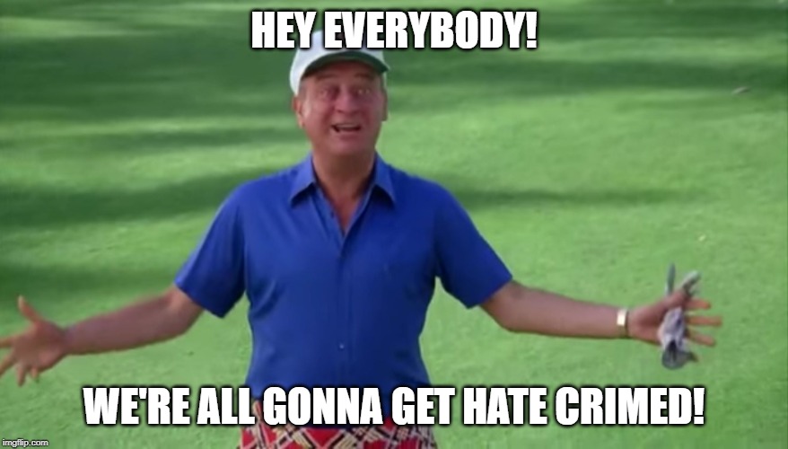 Rodney Dangerfield Caddyshack we're all gonna get laid | HEY EVERYBODY! WE'RE ALL GONNA GET HATE CRIMED! | image tagged in rodney dangerfield caddyshack we're all gonna get laid | made w/ Imgflip meme maker
