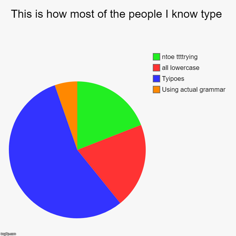 Yep, it's true
 | This is how most of the people I know type | Using actual grammar, Tyipoes, all lowercase, ntoe ttttrying | image tagged in charts,pie charts,typing,grammar | made w/ Imgflip chart maker