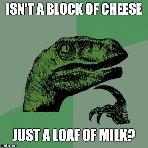 Philosoraptor | ISN'T A BLOCK OF CHEESE; JUST A LOAF OF MILK? | image tagged in memes,philosoraptor | made w/ Imgflip meme maker