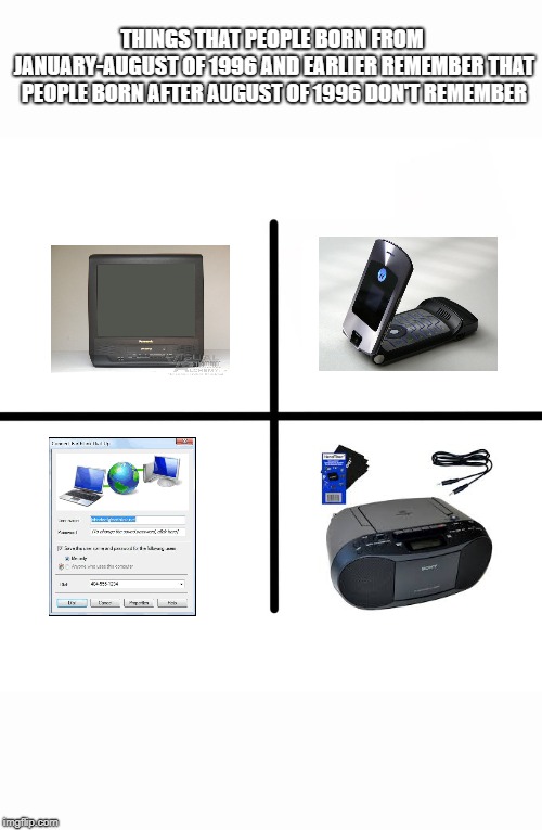 Blank Starter Pack | THINGS THAT PEOPLE BORN FROM JANUARY-AUGUST OF 1996 AND EARLIER REMEMBER THAT PEOPLE BORN AFTER AUGUST OF 1996 DON'T REMEMBER | image tagged in memes,blank starter pack | made w/ Imgflip meme maker