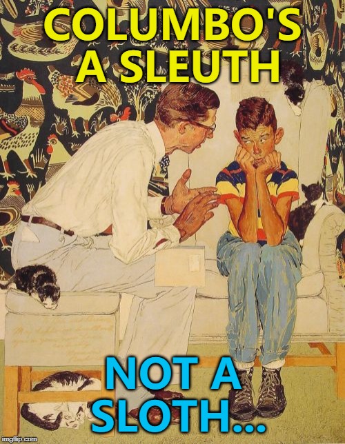 Easy mistake to make... :) | COLUMBO'S A SLEUTH; NOT A SLOTH... | image tagged in memes,the probelm is,the problem is,columbo,sleuth,animals | made w/ Imgflip meme maker