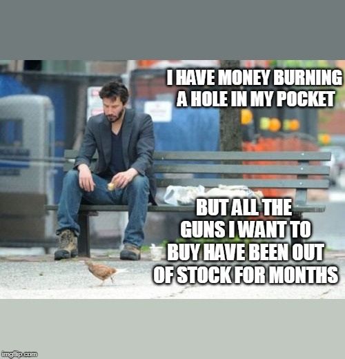Sad Keanu Meme | I HAVE MONEY BURNING A HOLE IN MY POCKET; BUT ALL THE GUNS I WANT TO BUY HAVE BEEN OUT OF STOCK FOR MONTHS | image tagged in memes,sad keanu | made w/ Imgflip meme maker