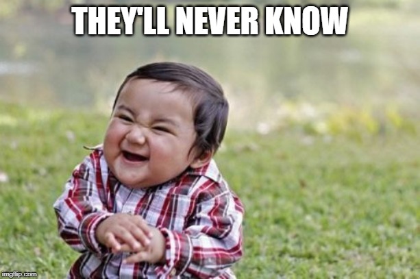 Evil Toddler | THEY'LL NEVER KNOW | image tagged in memes,evil toddler | made w/ Imgflip meme maker