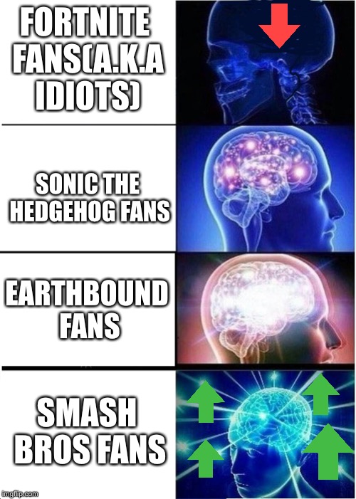Expanding Brain | FORTNITE FANS(A.K.A IDIOTS); SONIC THE HEDGEHOG FANS; EARTHBOUND FANS; SMASH BROS FANS | image tagged in memes,expanding brain | made w/ Imgflip meme maker