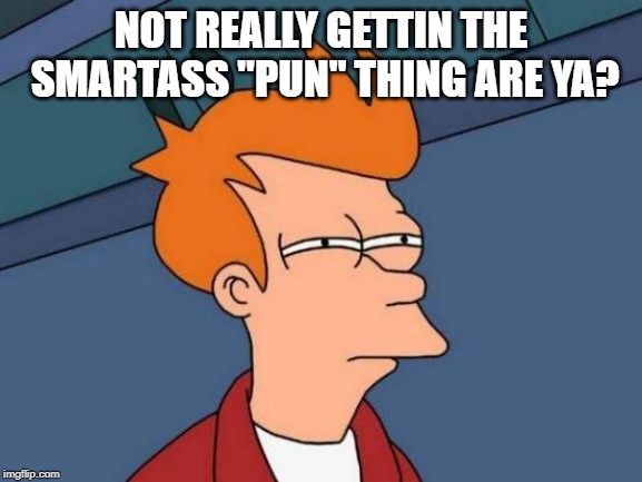 Futurama Fry Meme | NOT REALLY GETTIN THE SMARTASS "PUN" THING ARE YA? | image tagged in memes,futurama fry | made w/ Imgflip meme maker