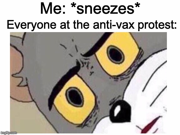 Uh oh | Me: *sneezes*; Everyone at the anti-vax protest: | image tagged in memes,funny,dank memes,tom and jerry,anti vax,vaccines | made w/ Imgflip meme maker