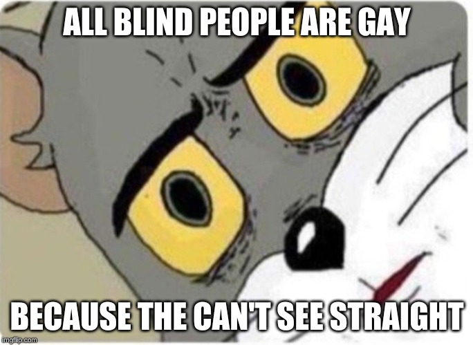 Tom and Jerry meme | ALL BLIND PEOPLE ARE GAY; BECAUSE THE CAN'T SEE STRAIGHT | image tagged in tom and jerry meme | made w/ Imgflip meme maker