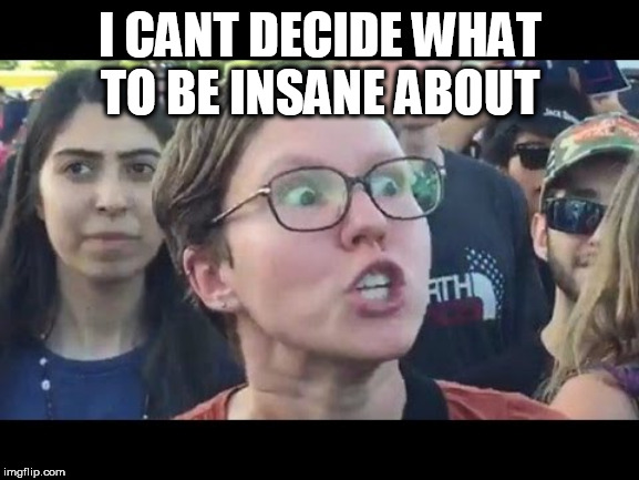 Angry sjw | I CANT DECIDE WHAT TO BE INSANE ABOUT | image tagged in angry sjw | made w/ Imgflip meme maker