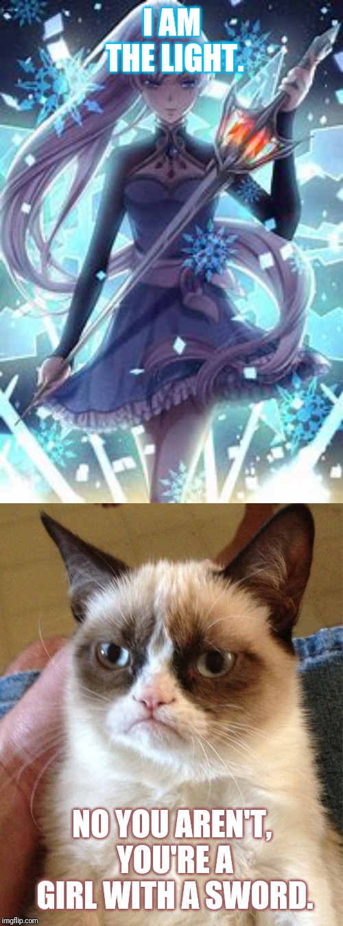 Crystal vs Grumpy Cat | I AM THE LIGHT. NO YOU AREN'T, YOU'RE A GIRL WITH A SWORD. | image tagged in memes,grumpy cat,warrior of the snow | made w/ Imgflip meme maker