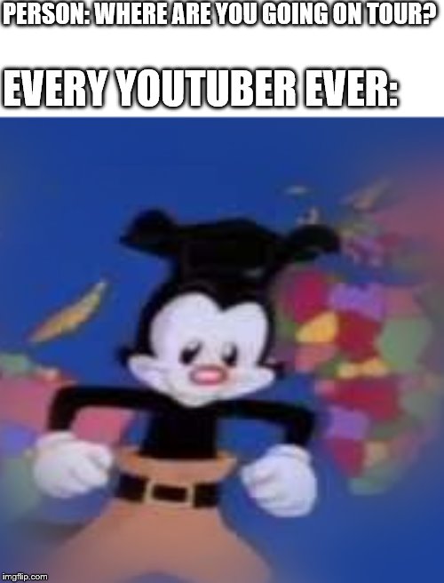 YAKKO | PERSON: WHERE ARE YOU GOING ON TOUR? EVERY YOUTUBER EVER: | image tagged in yakko | made w/ Imgflip meme maker