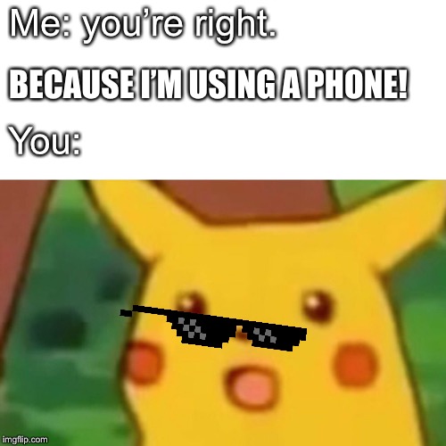 Surprised Pikachu Meme | Me: you’re right. BECAUSE I’M USING A PHONE! You: | image tagged in memes,surprised pikachu | made w/ Imgflip meme maker