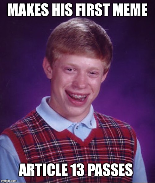 Bad Luck Brian | MAKES HIS FIRST MEME; ARTICLE 13 PASSES | image tagged in memes,bad luck brian | made w/ Imgflip meme maker