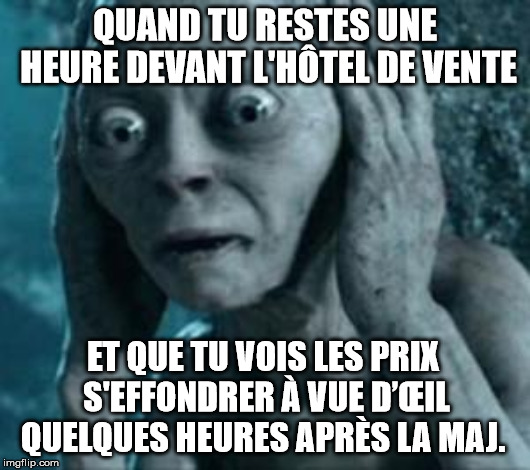 Scared Gollum | QUAND TU RESTES UNE HEURE DEVANT L'HÔTEL DE VENTE; ET QUE TU VOIS LES PRIX S'EFFONDRER À VUE D’ŒIL QUELQUES HEURES APRÈS LA MAJ. | image tagged in scared gollum | made w/ Imgflip meme maker