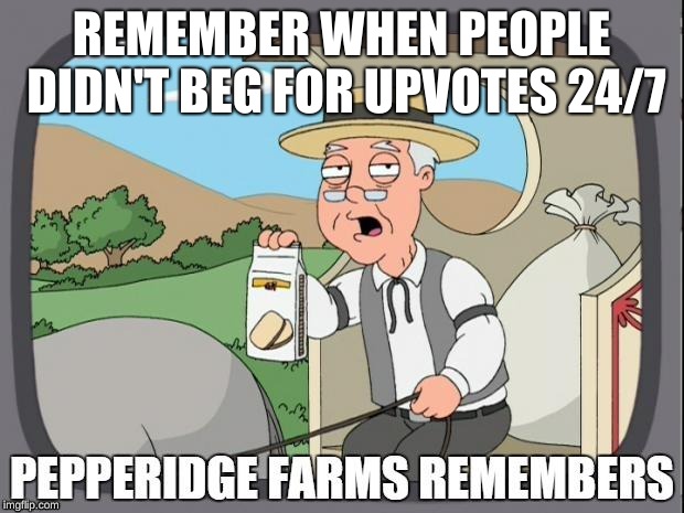 PEPPERIDGE FARMS REMEMBERS | REMEMBER WHEN PEOPLE DIDN'T BEG FOR UPVOTES 24/7 | image tagged in pepperidge farms remembers | made w/ Imgflip meme maker