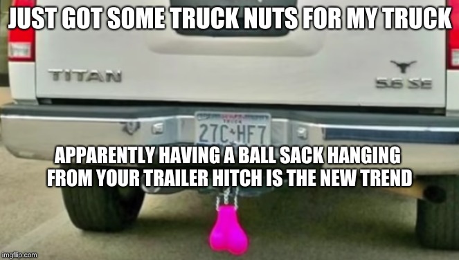 How's the saying go? Oh yeah, that's right; "Gotta stay hip!" | JUST GOT SOME TRUCK NUTS FOR MY TRUCK; APPARENTLY HAVING A BALL SACK HANGING FROM YOUR TRAILER HITCH IS THE NEW TREND | image tagged in memes,nuts,funny,fun | made w/ Imgflip meme maker