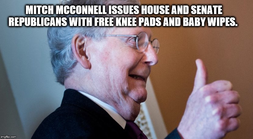 It's a Celebration!!! | MITCH MCCONNELL ISSUES HOUSE AND SENATE REPUBLICANS WITH FREE KNEE PADS AND BABY WIPES. | image tagged in mitch mcconnell,crooked,i like turtles,greedy | made w/ Imgflip meme maker