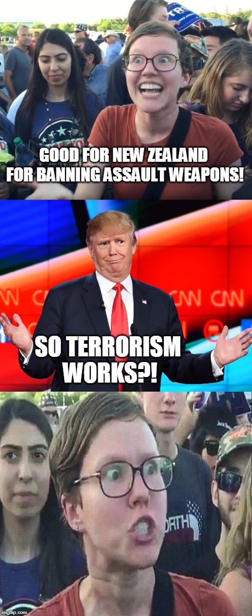 We don't negotiate with terrorists in America, we shoot them with our guns! | GOOD FOR NEW ZEALAND FOR BANNING ASSAULT WEAPONS! SO TERRORISM WORKS?! | image tagged in confused trump,triggered liberal,new zealand,gun ban,terrorism,memes | made w/ Imgflip meme maker