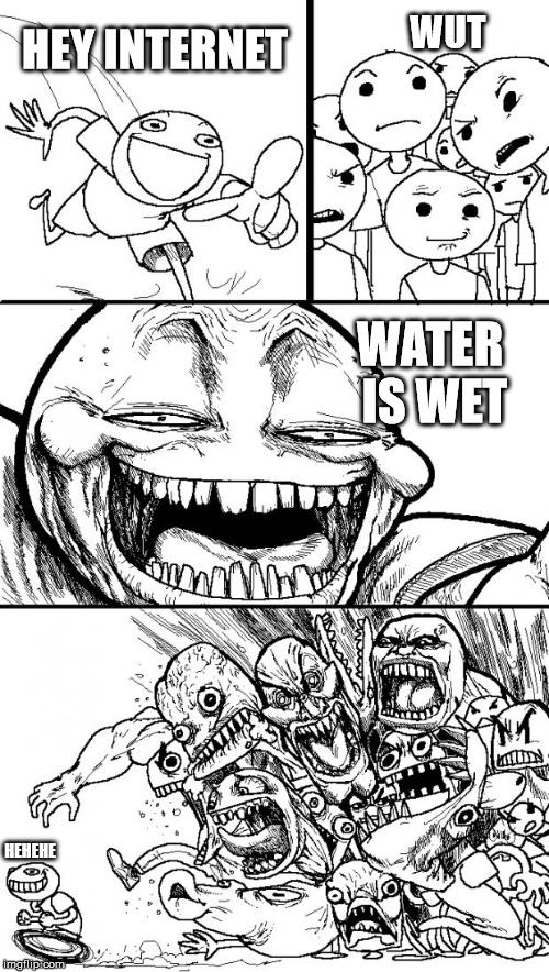 Upvote if your a Wet-Waterer | WUT; HEY INTERNET; WATER IS WET; HEHEHE | image tagged in memes,hey internet,water is wet | made w/ Imgflip meme maker