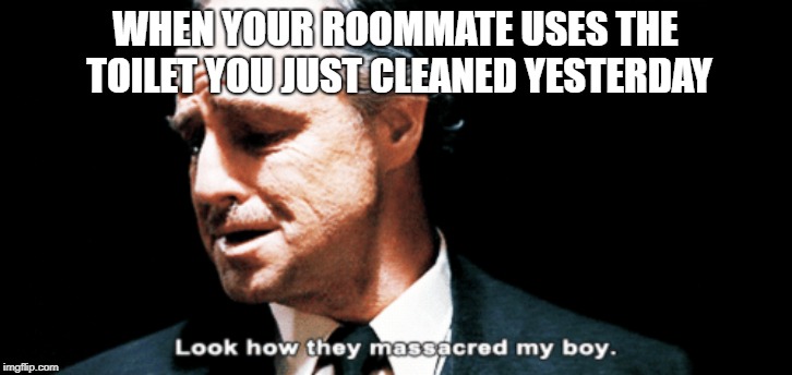 Look how they massacred my boy | WHEN YOUR ROOMMATE USES THE TOILET YOU JUST CLEANED YESTERDAY | image tagged in look how they massacred my boy | made w/ Imgflip meme maker