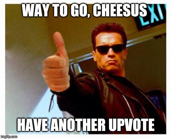 terminator thumbs up | WAY TO GO, CHEESUS HAVE ANOTHER UPVOTE | image tagged in terminator thumbs up | made w/ Imgflip meme maker