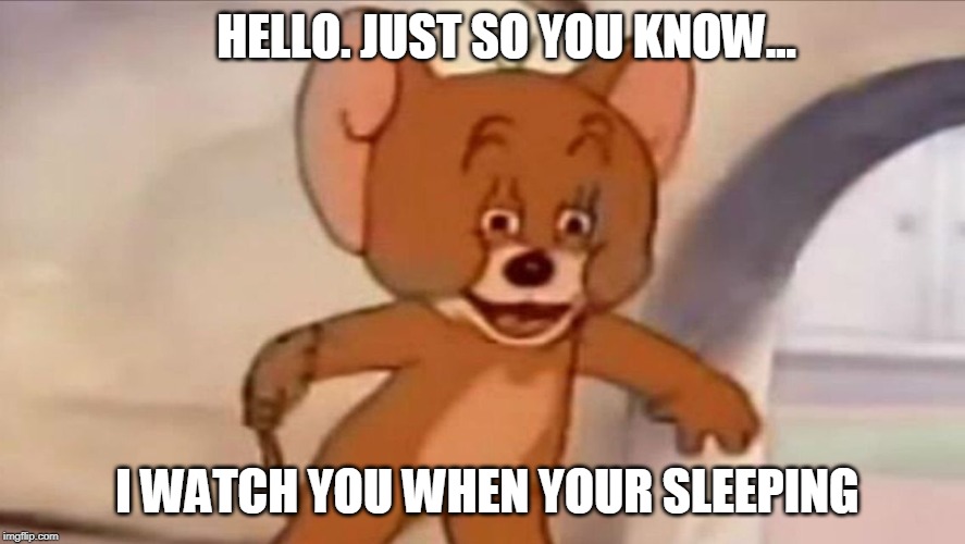 Jerry meme | HELLO. JUST SO YOU KNOW... I WATCH YOU WHEN YOUR SLEEPING | image tagged in jerry meme | made w/ Imgflip meme maker