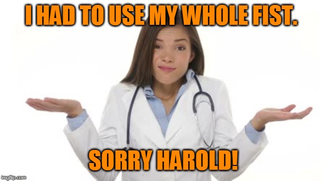Female Doctor Shrug | I HAD TO USE MY WHOLE FIST. SORRY HAROLD! | image tagged in female doctor shrug | made w/ Imgflip meme maker