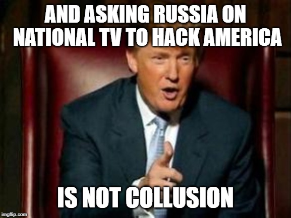 Donald Trump | AND ASKING RUSSIA ON NATIONAL TV TO HACK AMERICA IS NOT COLLUSION | image tagged in donald trump | made w/ Imgflip meme maker
