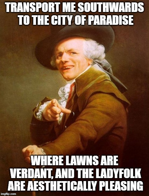 For some reason these Joseph Ducreux memes amuse me | TRANSPORT ME SOUTHWARDS TO THE CITY OF PARADISE; WHERE LAWNS ARE VERDANT, AND THE LADYFOLK ARE AESTHETICALLY PLEASING | image tagged in memes,joseph ducreux,guns n roses,paradise city | made w/ Imgflip meme maker