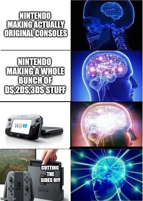 Expanding Brain Meme | NINTENDO MAKING ACTUALLY ORIGINAL CONSOLES NINTENDO MAKING A WHOLE BUNCH OF DS,2DS,3DS STUFF CUTTING THE SIDES OFF | image tagged in memes,expanding brain | made w/ Imgflip meme maker