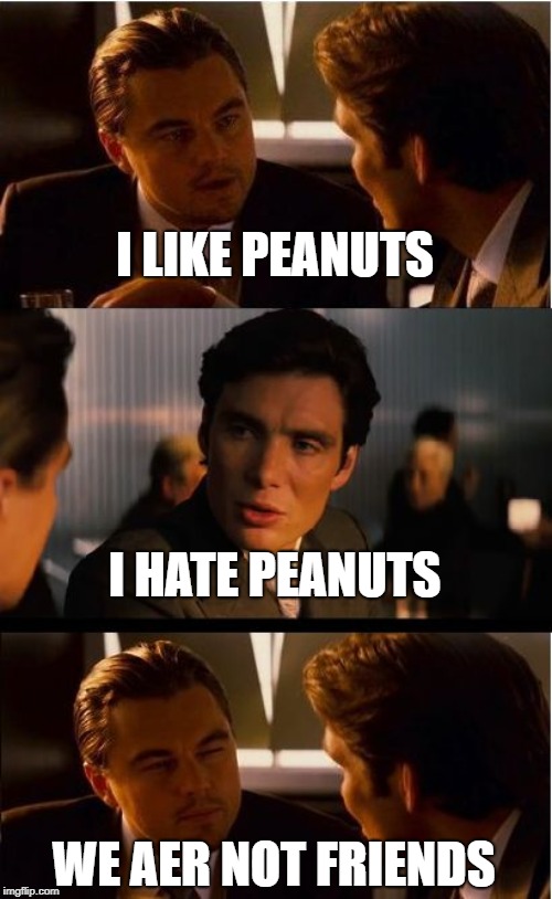 Inception | I LIKE PEANUTS; I HATE PEANUTS; WE AER NOT FRIENDS | image tagged in memes,inception | made w/ Imgflip meme maker