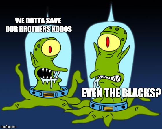 Simpson’s alien | WE GOTTA SAVE OUR BROTHERS KODOS EVEN THE BLACKS? | image tagged in simpsons alien | made w/ Imgflip meme maker