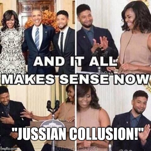 Jussie Smollet | "JUSSIAN COLLUSION!" | image tagged in jussie smollet | made w/ Imgflip meme maker