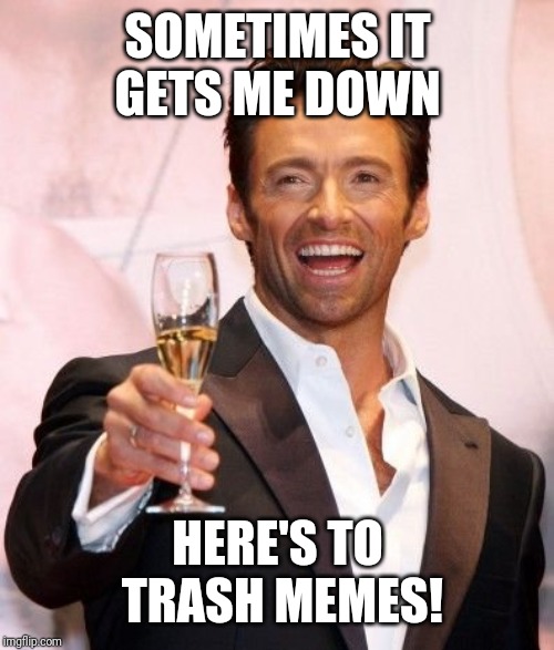 Hugh Jackman Cheers | SOMETIMES IT GETS ME DOWN HERE'S TO TRASH MEMES! | image tagged in hugh jackman cheers | made w/ Imgflip meme maker