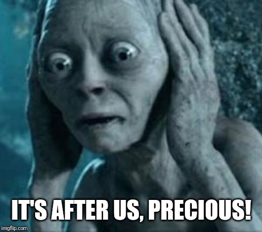 Scared Gollum | IT'S AFTER US, PRECIOUS! | image tagged in scared gollum | made w/ Imgflip meme maker