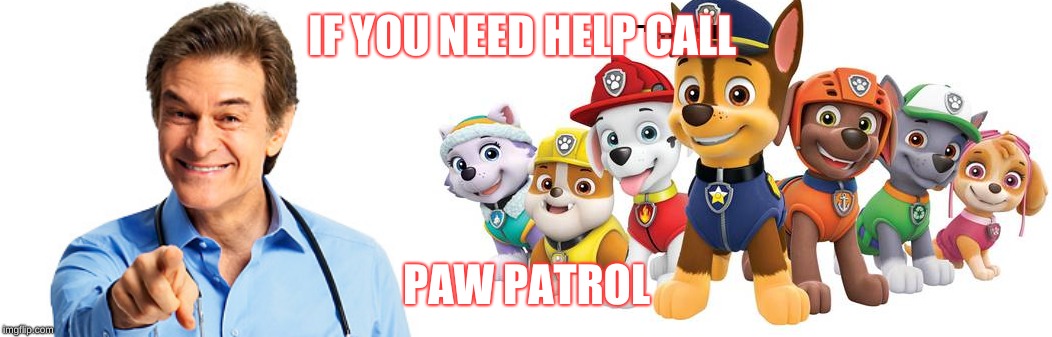 Dr.Oz | IF YOU NEED HELP CALL; PAW PATROL | image tagged in dr oz recommends | made w/ Imgflip meme maker