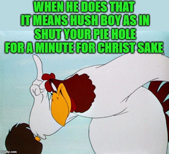 fog horn | WHEN HE DOES THAT IT MEANS HUSH BOY AS IN SHUT YOUR PIE HOLE FOR A MINUTE FOR CHRIST SAKE | image tagged in fog horn | made w/ Imgflip meme maker