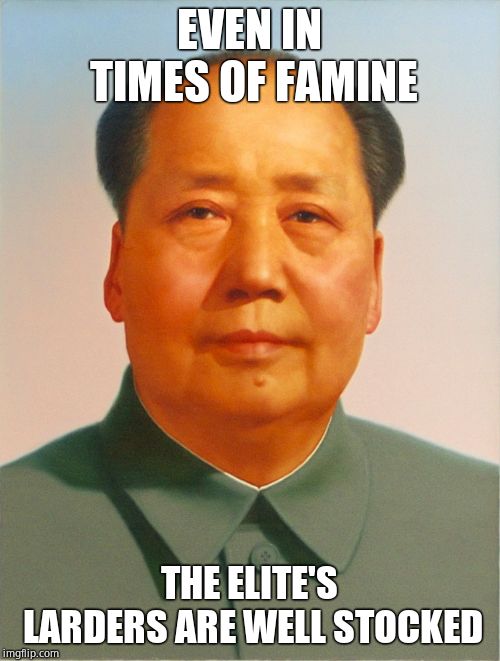 Mao Zedong | EVEN IN TIMES OF FAMINE THE ELITE'S LARDERS ARE WELL STOCKED | image tagged in mao zedong | made w/ Imgflip meme maker