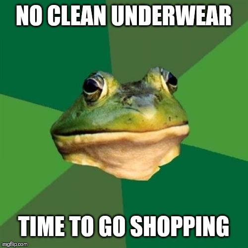 Foul Bachelor Frog Meme | NO CLEAN UNDERWEAR; TIME TO GO SHOPPING | image tagged in memes,foul bachelor frog | made w/ Imgflip meme maker