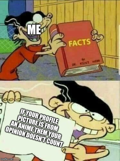 Double d facts book  | ME; IF YOUR PROFILE PICTURE IS FROM AN ANIME THEM YOUR OPINION DOESN'T COUNT | image tagged in double d facts book | made w/ Imgflip meme maker