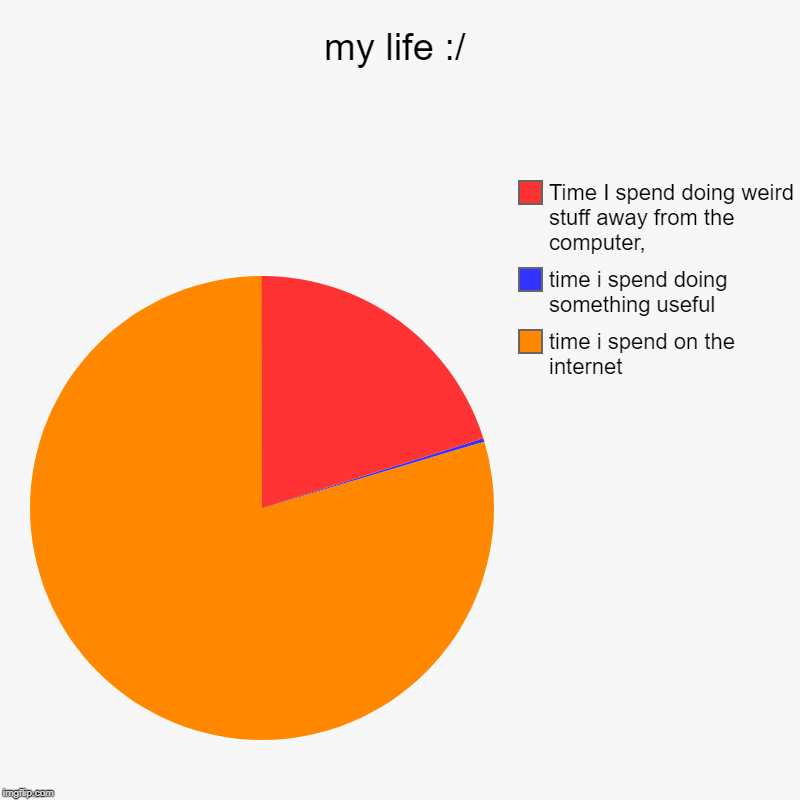 my life :/ | time i spend on the internet, time i spend doing something useful, Time I spend doing weird stuff away from the computer, | image tagged in charts,pie charts | made w/ Imgflip chart maker