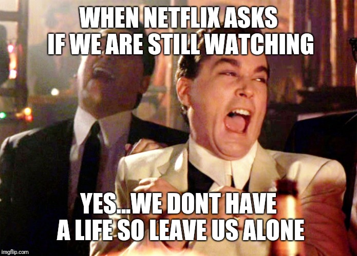 Good Fellas Hilarious Meme | WHEN NETFLIX ASKS IF WE ARE STILL WATCHING; YES...WE DONT HAVE A LIFE SO LEAVE US ALONE | image tagged in memes,good fellas hilarious | made w/ Imgflip meme maker