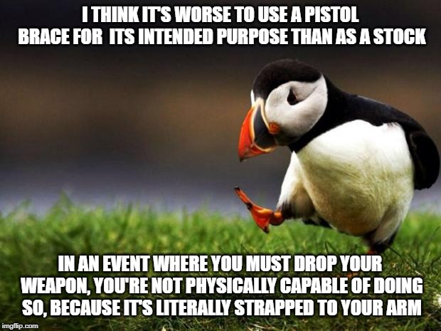 Unpopular Opinion Puffin | I THINK IT'S WORSE TO USE A PISTOL BRACE FOR  ITS INTENDED PURPOSE THAN AS A STOCK; IN AN EVENT WHERE YOU MUST DROP YOUR WEAPON, YOU'RE NOT PHYSICALLY CAPABLE OF DOING SO, BECAUSE IT'S LITERALLY STRAPPED TO YOUR ARM | image tagged in memes,unpopular opinion puffin | made w/ Imgflip meme maker