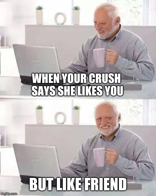 Hide the Pain Harold Meme | WHEN YOUR CRUSH SAYS SHE LIKES YOU; BUT LIKE FRIEND | image tagged in memes,hide the pain harold | made w/ Imgflip meme maker
