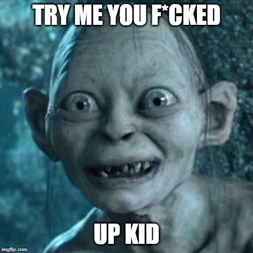 Gollum | TRY ME YOU F*CKED; UP KID | image tagged in memes,gollum | made w/ Imgflip meme maker