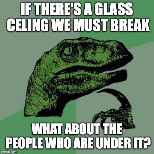 Philosoraptor Meme | IF THERE'S A GLASS CELING WE MUST BREAK; WHAT ABOUT THE PEOPLE WHO ARE UNDER IT? | image tagged in memes,philosoraptor | made w/ Imgflip meme maker